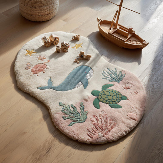 Translation missing: es.Ocean theme kids rug with whale, turtle, starfish, and coral design, hand-tufted wool nursery play mat