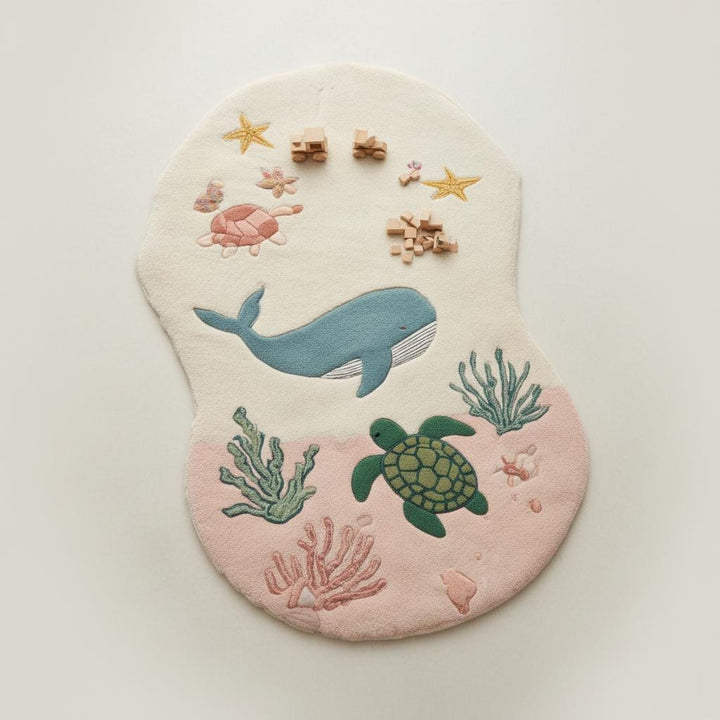 Translation missing: es.Soft ocean playroom rug featuring sea life animals for Montessori and kids’ rooms