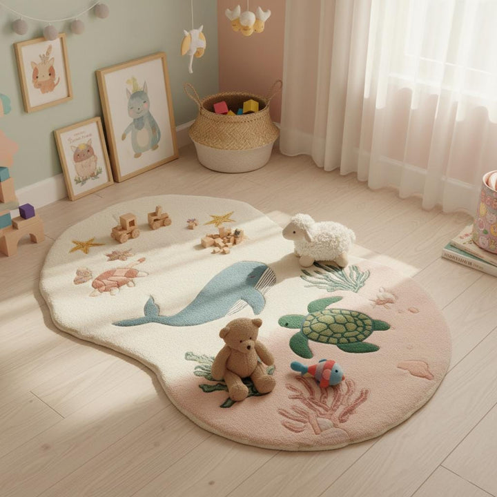 Translation missing: es.Whale and turtle floor mat for children’s playroom, ocean theme baby décor