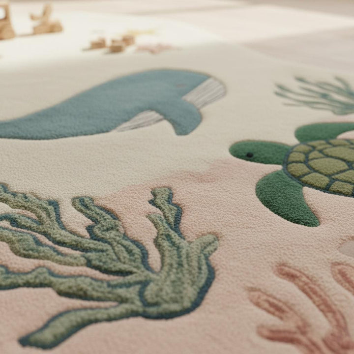 Translation missing: es.Ocean Theme Kids Rug | Sea Animal Nursery Carpet | Whale Turtle Play Mat | Handmade Tufted Wool Rug | Coastal Baby Room Decor | Montessori