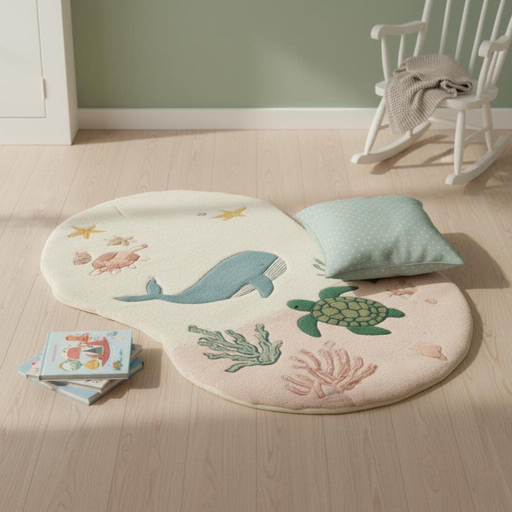 Translation missing: es.Ocean Theme Kids Rug | Sea Animal Nursery Carpet | Whale Turtle Play Mat | Handmade Tufted Wool Rug | Coastal Baby Room Decor | Montessori