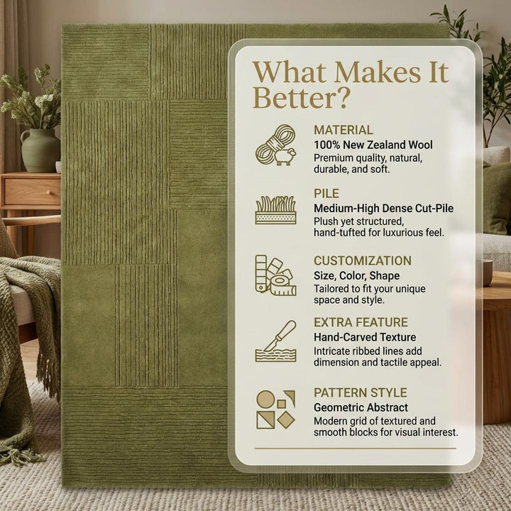 Translation missing: en.Olive Green Area Rug Modern Geometric Patchwork Rug Soft Textured Minimalist Living Room Carpet Scandinavian Japandi Home Decor