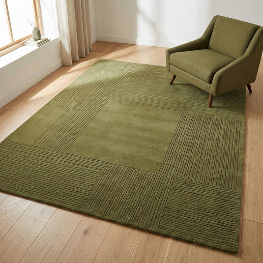 Translation missing: es.Olive green area rug with modern geometric patchwork and soft textured design for minimalist living rooms