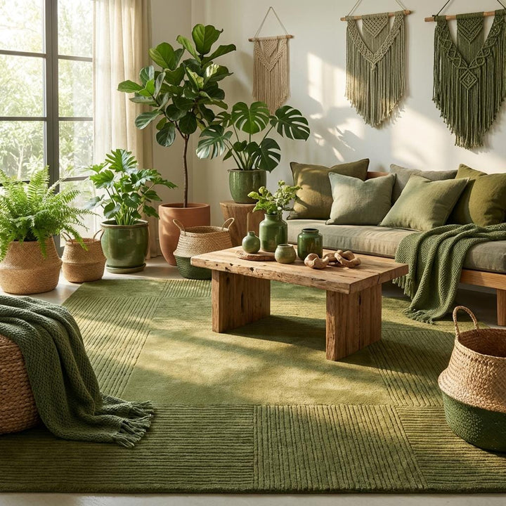 Translation missing: en.Modern olive green living room rug styled under accent chair in Scandinavian inspired interior with neutral walls and wood floors