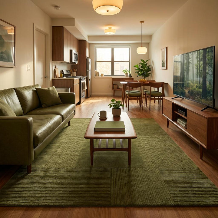 Translation missing: en.Olive Green Area Rug Modern Geometric Patchwork Rug Soft Textured Minimalist Living Room Carpet Scandinavian Japandi Home Decor