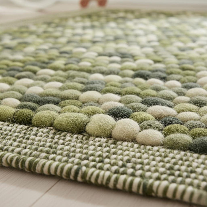 Translation missing: es.Olive Green Felt Ball Rug – Chunky Wool, Boho Home Decor
