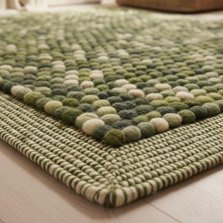 Translation missing: es.Olive Green Felt Ball Rug – Chunky Wool, Boho Home Decor