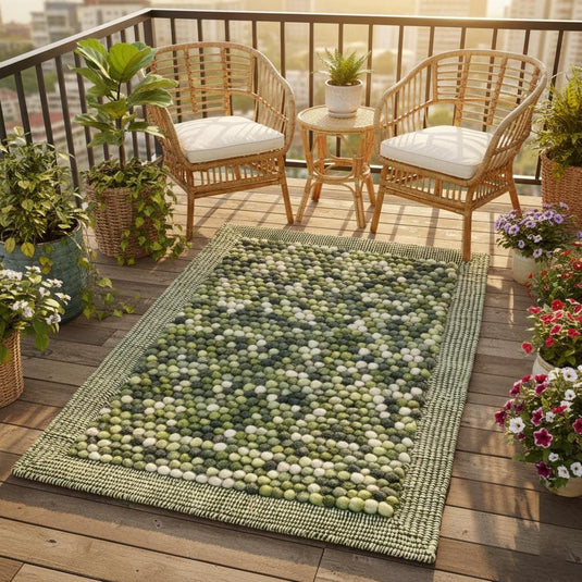 Translation missing: es.Close-up of felted wool ball rug handmade – olive green balls with cream accents, plush texture
