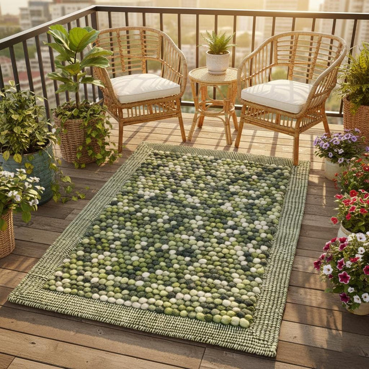 Translation missing: es.Close-up of felted wool ball rug handmade – olive green balls with cream accents, plush texture