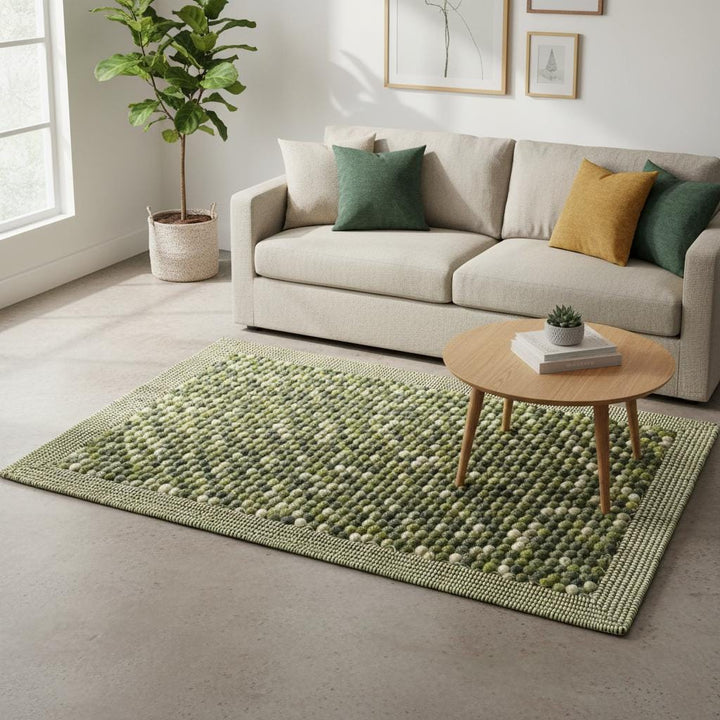 Translation missing: es.Olive green wool ball runner rug handcrafted for hallway or bedroom, natural wool material