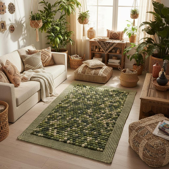 Translation missing: es.Olive Green Felt Ball Rug – Chunky Wool, Boho Home Decor