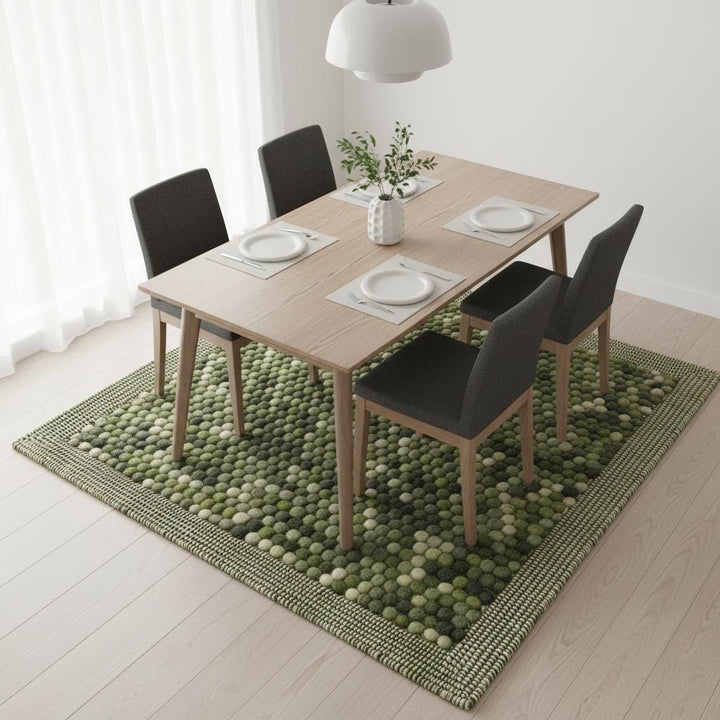 Translation missing: es.Hand-rolled wool ball rug in olive and cream tones, handmade floor runner for boho minimalist home