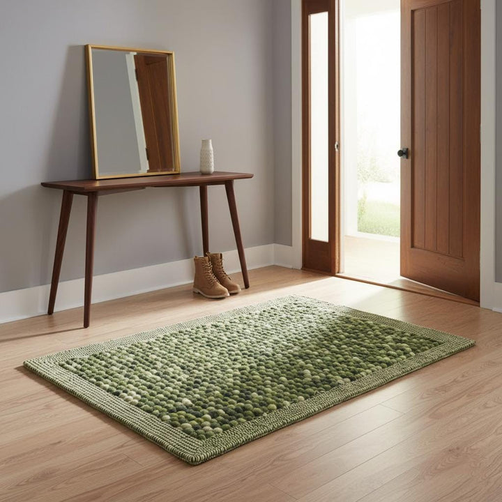 Translation missing: es.Olive Green Felt Ball Rug – Chunky Wool, Boho Home Decor