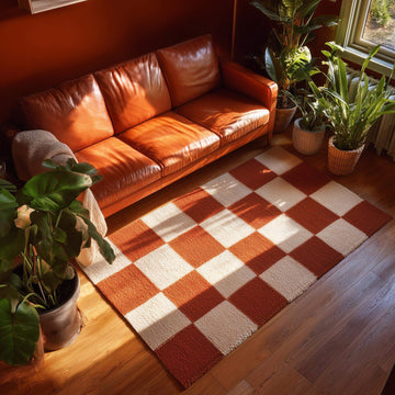 Translation missing: es.Orange checkerboard rug mid-century modern tufted area carpet in living room