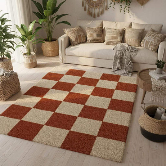 Translation missing: es.Soft tufted checkered rug in warm earthy tones adding texture and comfort to modern boho home décor