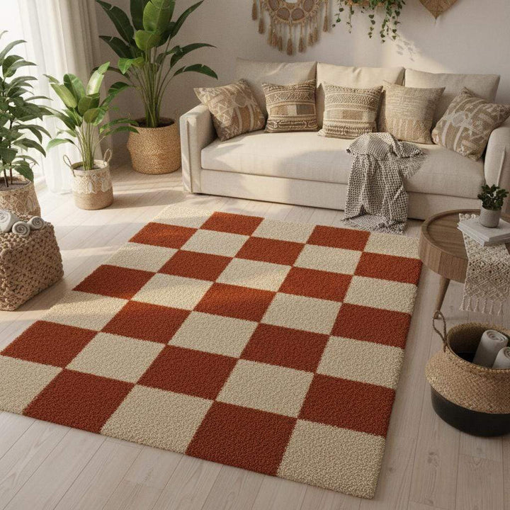 Translation missing: es.Soft tufted checkered rug in warm earthy tones adding texture and comfort to modern boho home décor