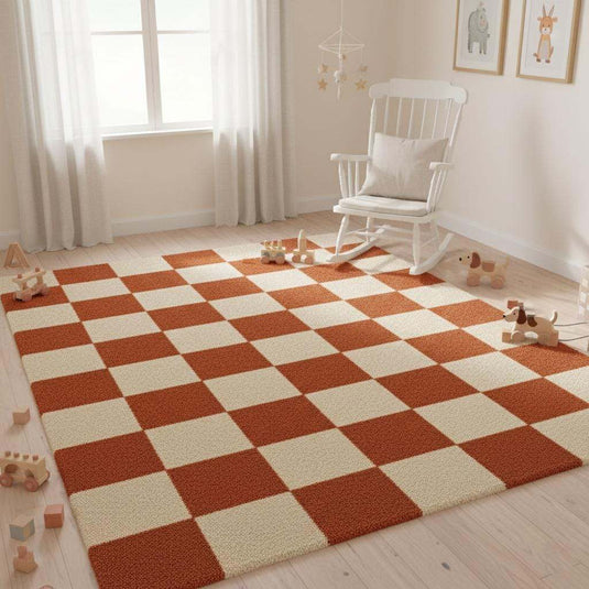Translation missing: es.Cozy aesthetic home décor featuring plush checker pattern rug with retro interior design elements