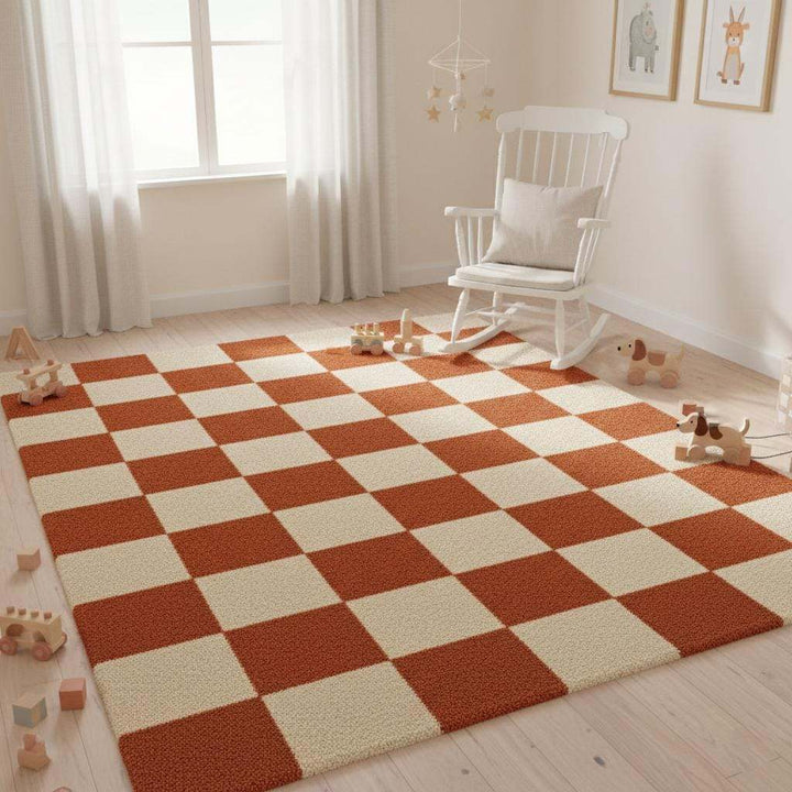 Translation missing: es.Cozy aesthetic home décor featuring plush checker pattern rug with retro interior design elements