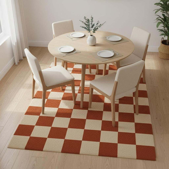 Translation missing: es.Warm retro patterned rug providing comfort and color contrast in a modern apartment living space