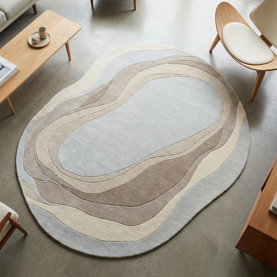 Translation missing: en.Organic wavy rug with irregular shape in beige and cream tones, modern abstract design for minimalist and Japandi style interiors
