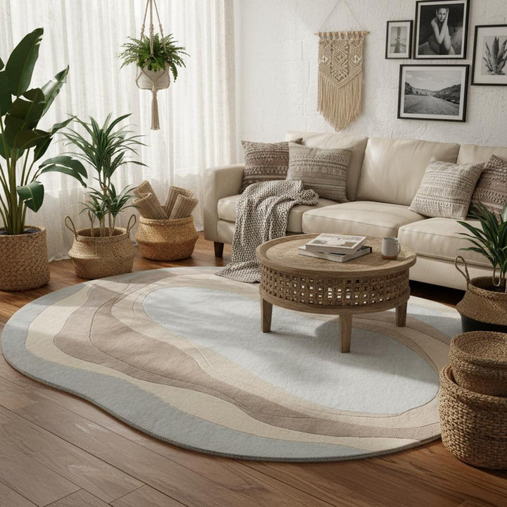 Translation missing: fr.Organic wavy rug in beige cream with irregular shape and modern abstract design for minimalist and Japandi style interiors