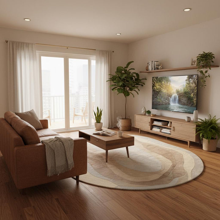Translation missing: fr.Organic wavy rug in beige cream with irregular shape and soft texture for modern minimalist decor