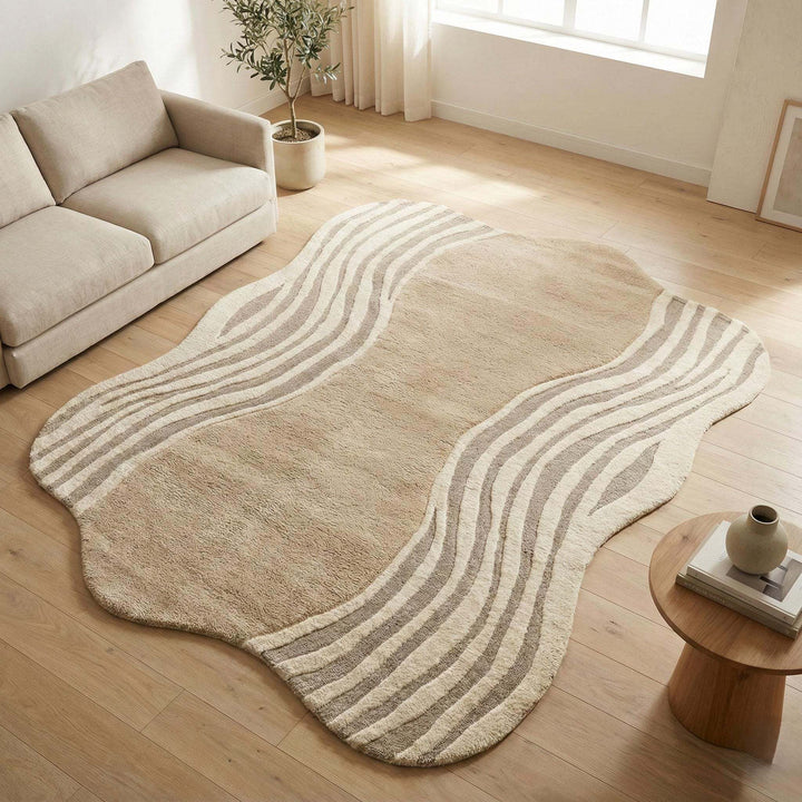 Translation missing: en.Modern beige Organic Wavy Rug with irregular shape and soft plush texture