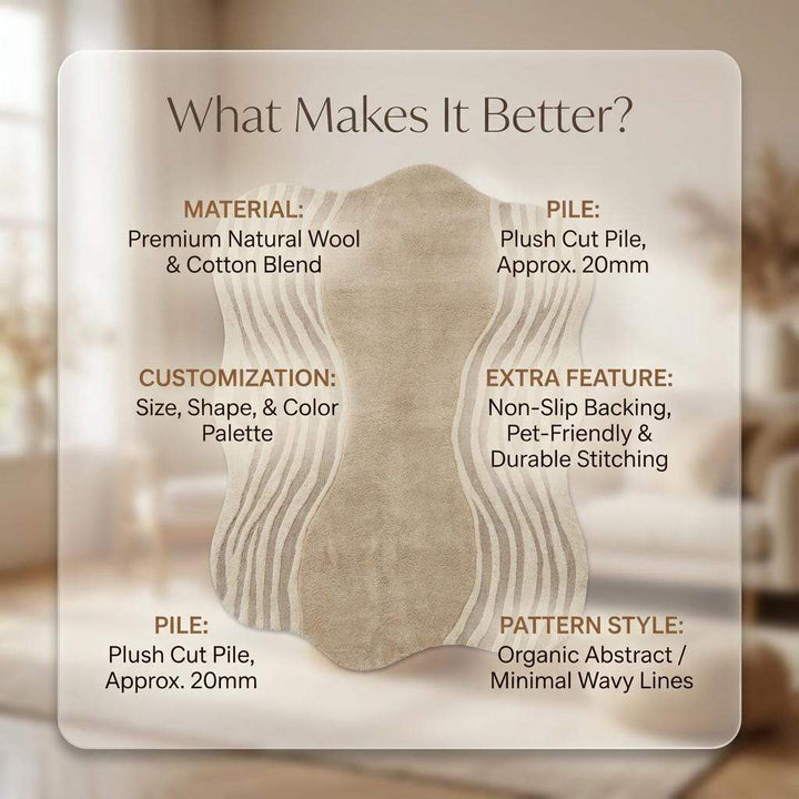 Translation missing: en.Organic Wavy Rug beige modern irregular shape soft plush texture handcrafted for minimalist decor