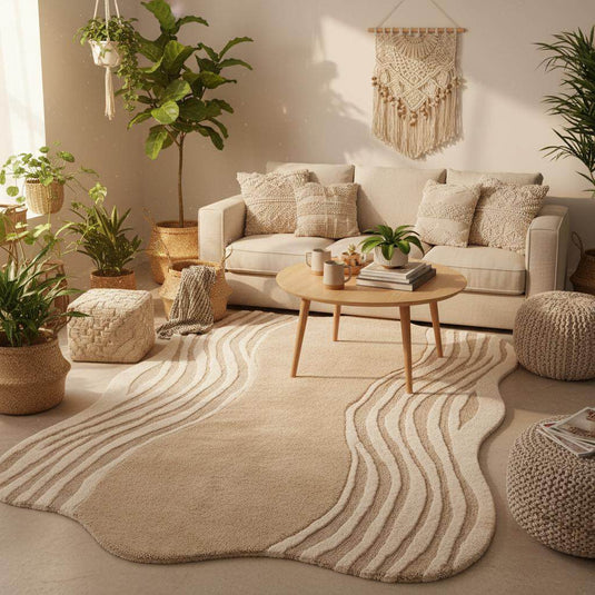 Translation missing: en.Modern beige Organic Wavy Rug with irregular shape and soft plush texture for minimalist Scandinavian decor