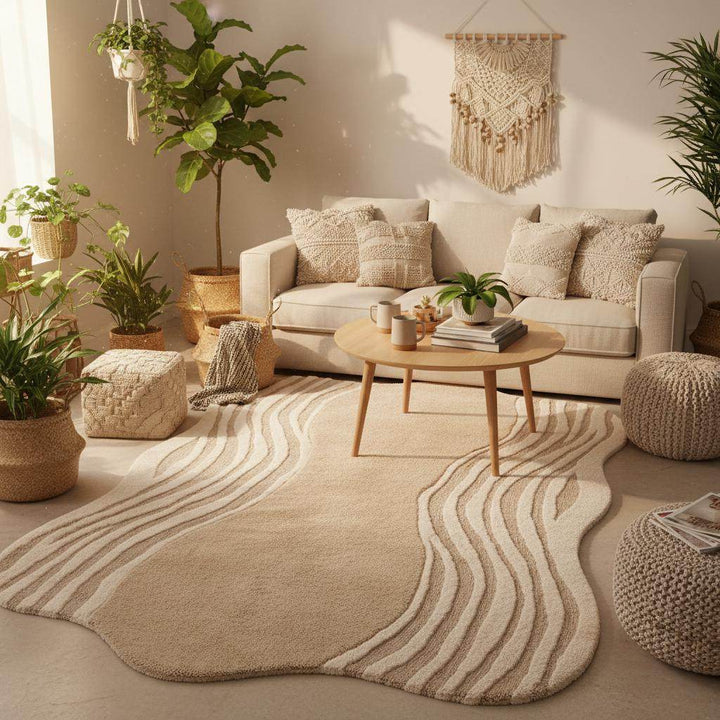 Translation missing: en.Modern beige Organic Wavy Rug with irregular shape and soft plush texture for minimalist Scandinavian decor