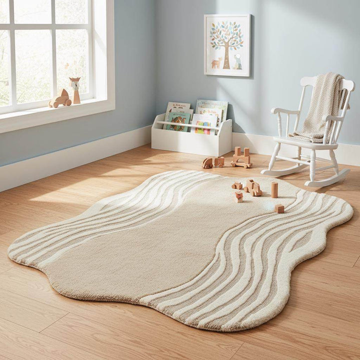Translation missing: en.Organic Wavy Rug with irregular shape, beige color, soft plush texture, and modern minimalist design