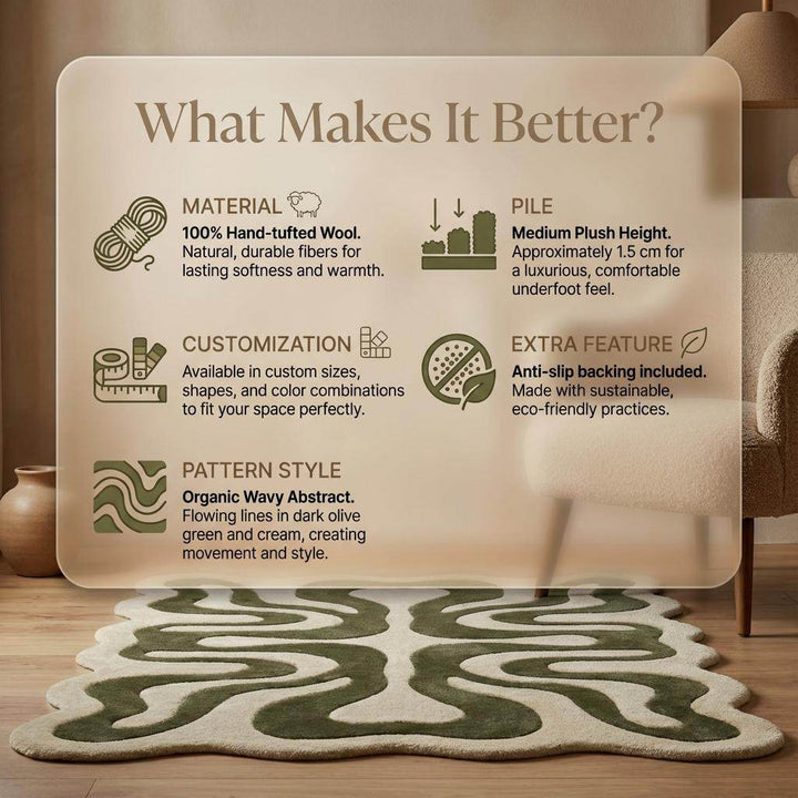 Translation missing: es.Organic Abstract Green Hand Tufted Rug, Modern Wavy Shape Area Rug, Contemporary Sculpted Living Room Carpet