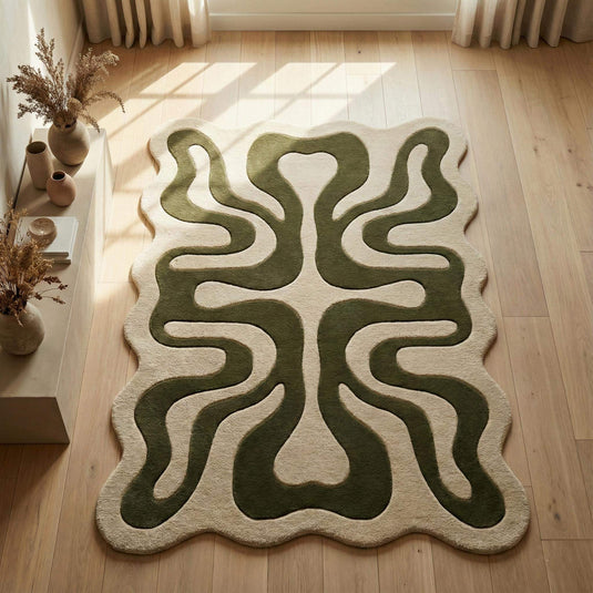 Translation missing: es.Organic abstract hand tufted rug with green wavy sculpted design for modern living rooms