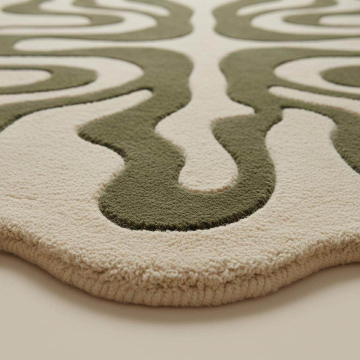 Translation missing: es.Close-up of hand tufted wool rug showing plush pile texture, carved sage green lines, and soft ivory base