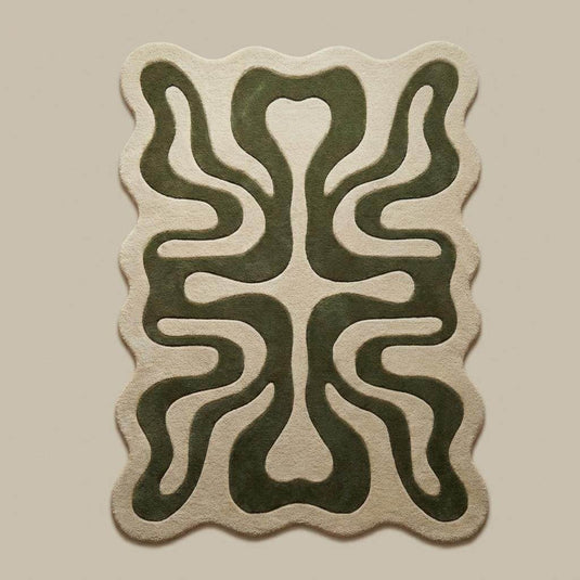Translation missing: es.Irregular organic shaped rug featuring flowing abstract curves in sage green and warm neutral tones