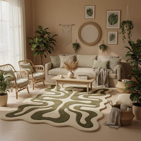 Translation missing: es.Modern abstract area rug placed on light wood flooring in a calm contemporary interior setting