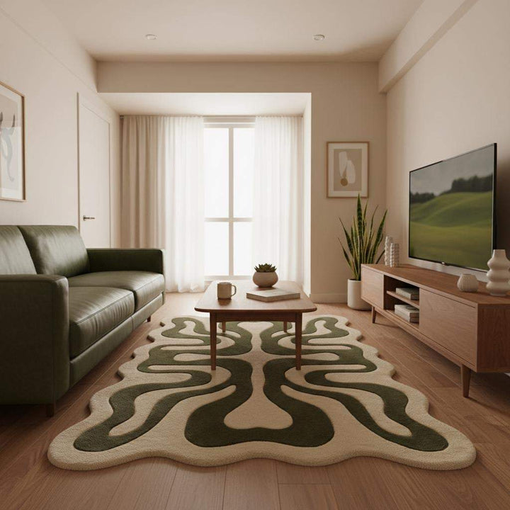 Translation missing: es.Sage green and ivory abstract rug highlighting soft color contrast and sculpted wool detailing