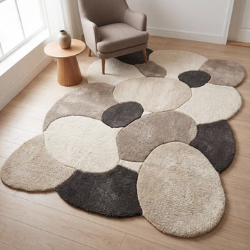 Translation missing: es.Hand tufted organic shape wool rug in neutral beige and ivory tones styled in a modern minimalist living room __etsy:8026368380