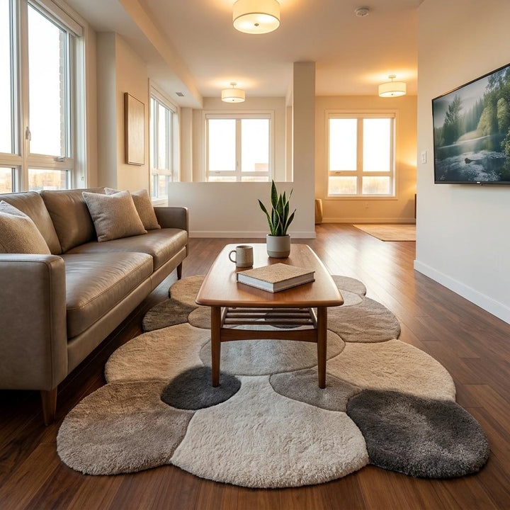 Translation missing: es.Soft textured hand tufted area rug in ivory, taupe, and charcoal tones adding warmth to organic modern homes __etsy:8026368042