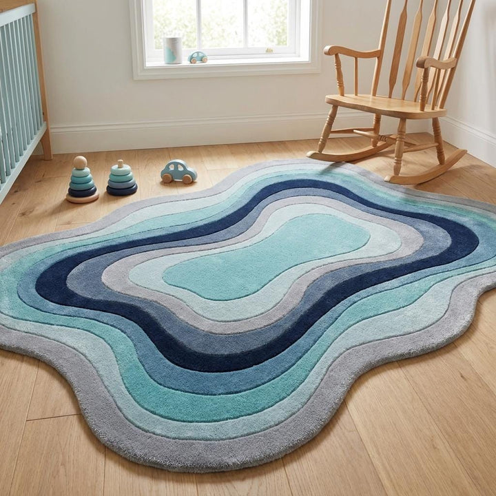 Translation missing: es.Organic Modern Wool Rug, Abstract Blue Green Area Rug, Handmade Wavy Shape Living Room Carpet __etsy:8054066835