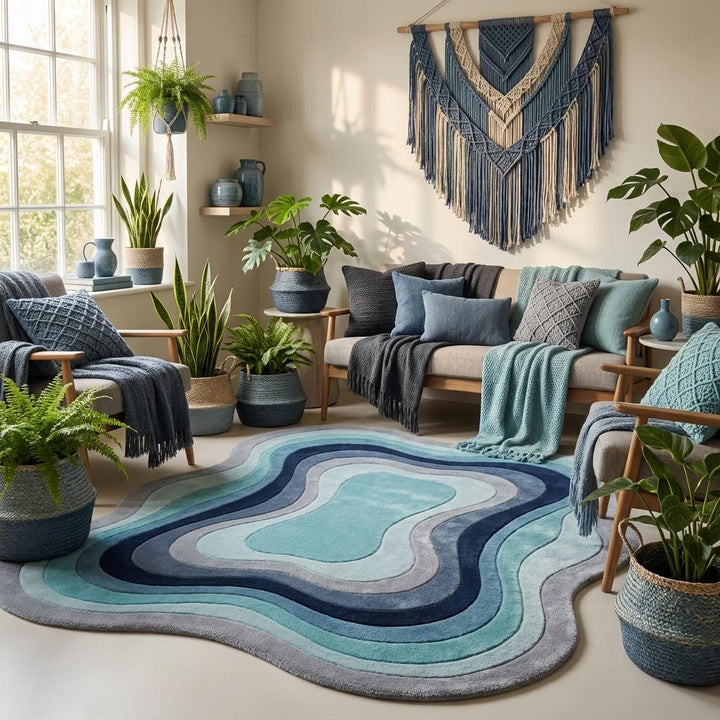 Translation missing: es.Artistic modern wool rug with flowing contour lines and layered abstract pattern for bedroom or lounge décor __etsy:8054066733