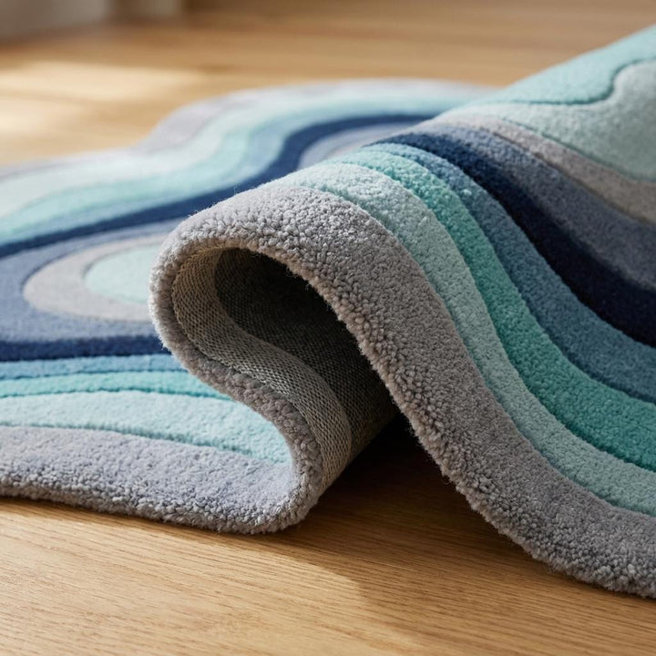 Translation missing: es.Premium handmade abstract carpet in aqua, navy, and grey tones adding soft texture to Scandinavian style interiors __etsy:8006148436