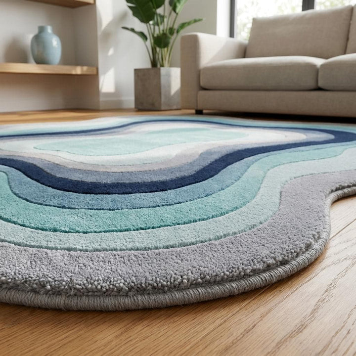 Translation missing: es.Organic Modern Wool Rug, Abstract Blue Green Area Rug, Handmade Wavy Shape Living Room Carpet __etsy:8054066743