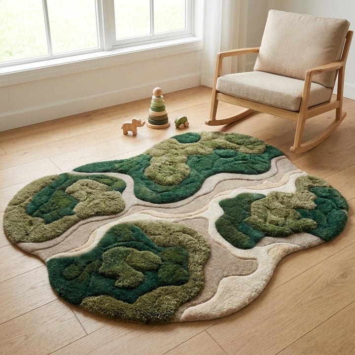 Translation missing: es.Premium handmade abstract rug with plush cut pile surface styled beside modern accent chairs in a warm minimalist home interior __etsy:8054046407