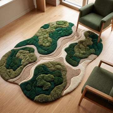 Translation missing: es.Handmade organic modern wool rug with abstract green landscape pattern styled in a minimalist living room with wooden flooring and lounge chairs __etsy:8054046549
