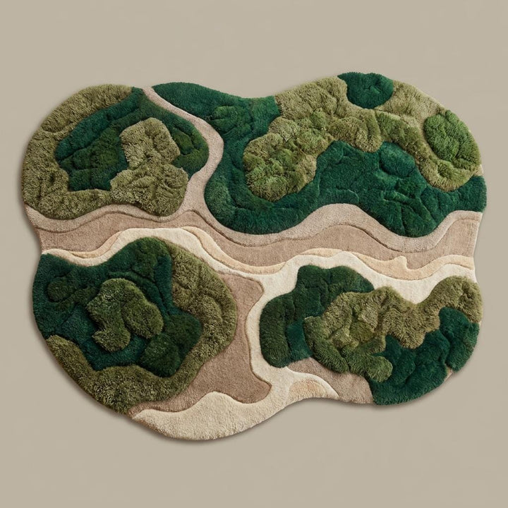 Translation missing: es.Contemporary abstract area rug in moss green, olive, beige, and cream tones placed in a Scandinavian-inspired interior space __etsy:8006128062