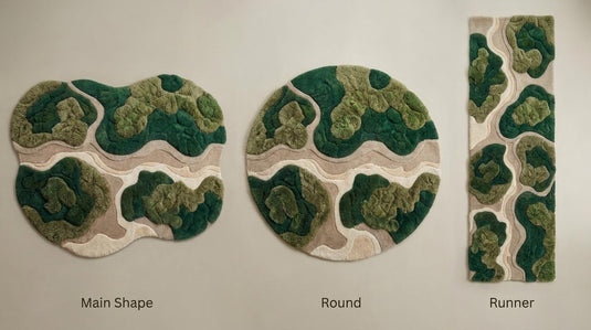 Translation missing: es.Organic shaped rug available in rectangle, round, and runner hallway styles with sculpted modern texture and earthy green palette __etsy:8054046317