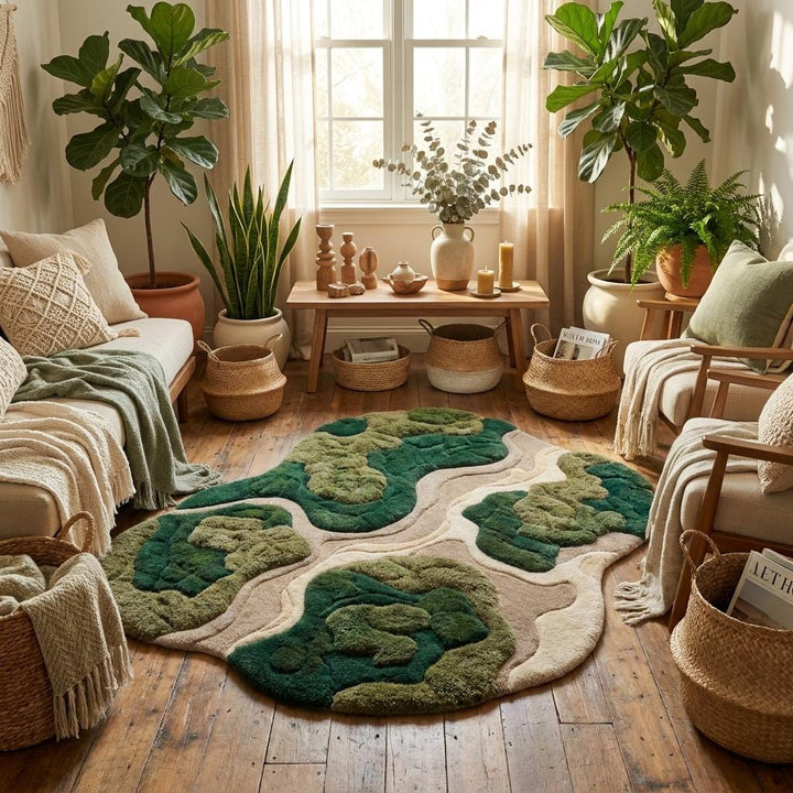 Translation missing: es.Biophilic inspired hand tufted rug with irregular edges and soft carved wool texture designed for modern living room decor __etsy:8054046319