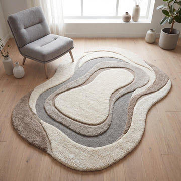 Translation missing: es.Handmade organic shape wool blend rug in neutral beige and ivory tones styled in a modern minimalist living room __etsy:8078299581