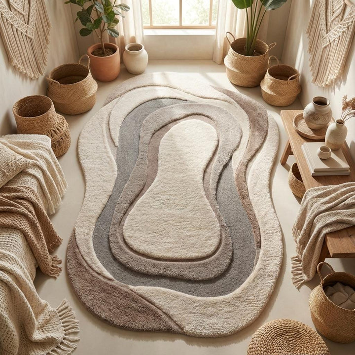 Translation missing: es.Neutral modern hand tufted rug with ivory, taupe, and gray layered pattern for Scandinavian living room styling __etsy:8030390706